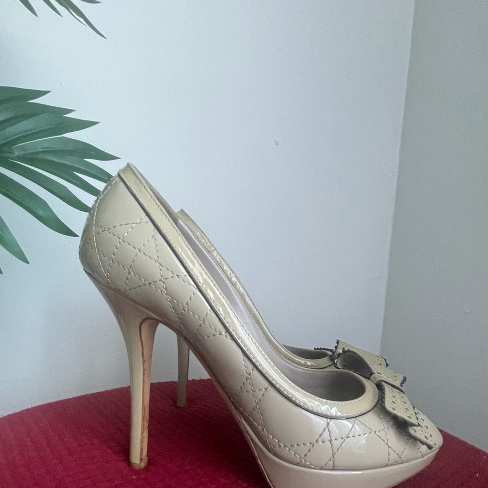 Dior Cream Peep-Toe Pumps with Black Patent Bow Accent